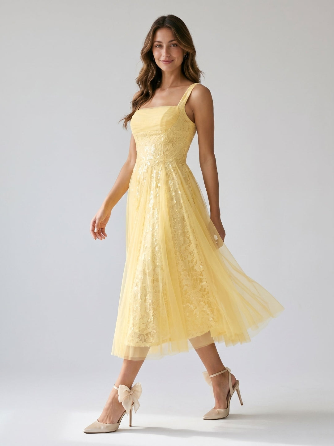 Daffodil Tulle A-Line Square Neck Back Zip Tea-Length Dress with Sequins