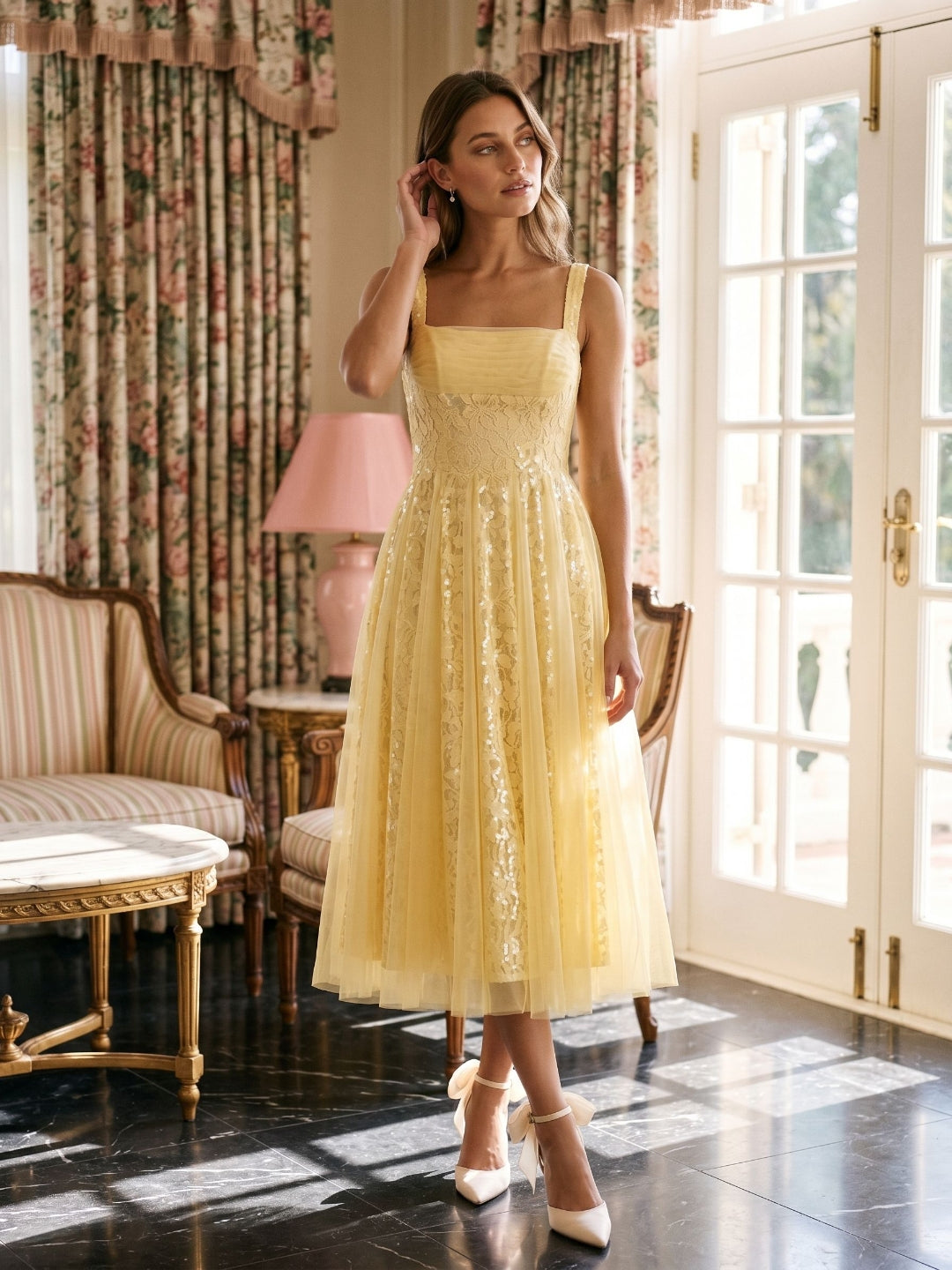 Daffodil Tulle A-Line Square Neck Back Zip Tea-Length Dress with Sequins