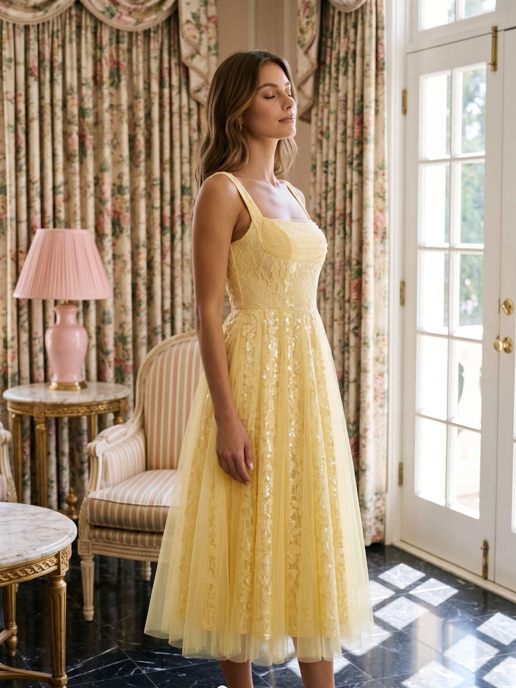 Daffodil Tulle A-Line Square Neck Back Zip Tea-Length Dress with Sequins