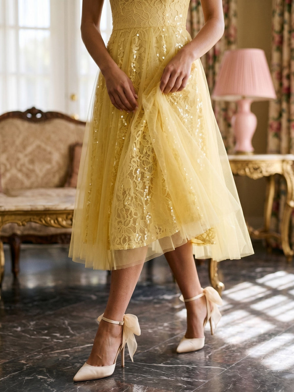 Daffodil Tulle A-Line Square Neck Back Zip Tea-Length Dress with Sequins