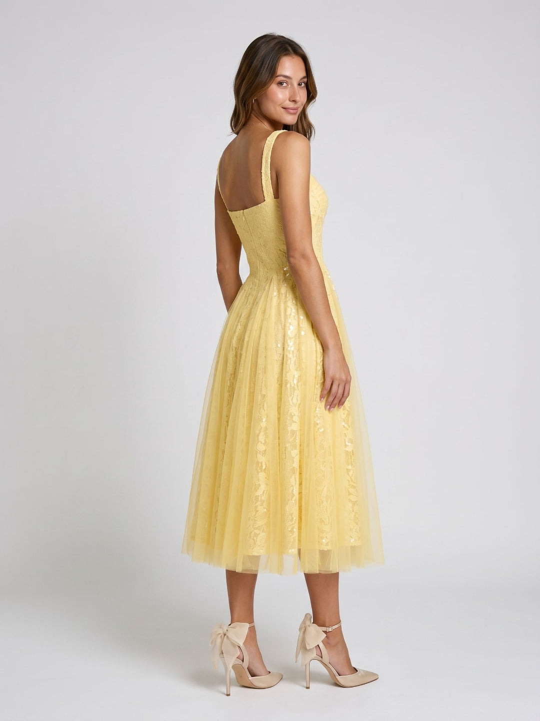 Daffodil Tulle A-Line Square Neck Back Zip Tea-Length Dress with Sequins
