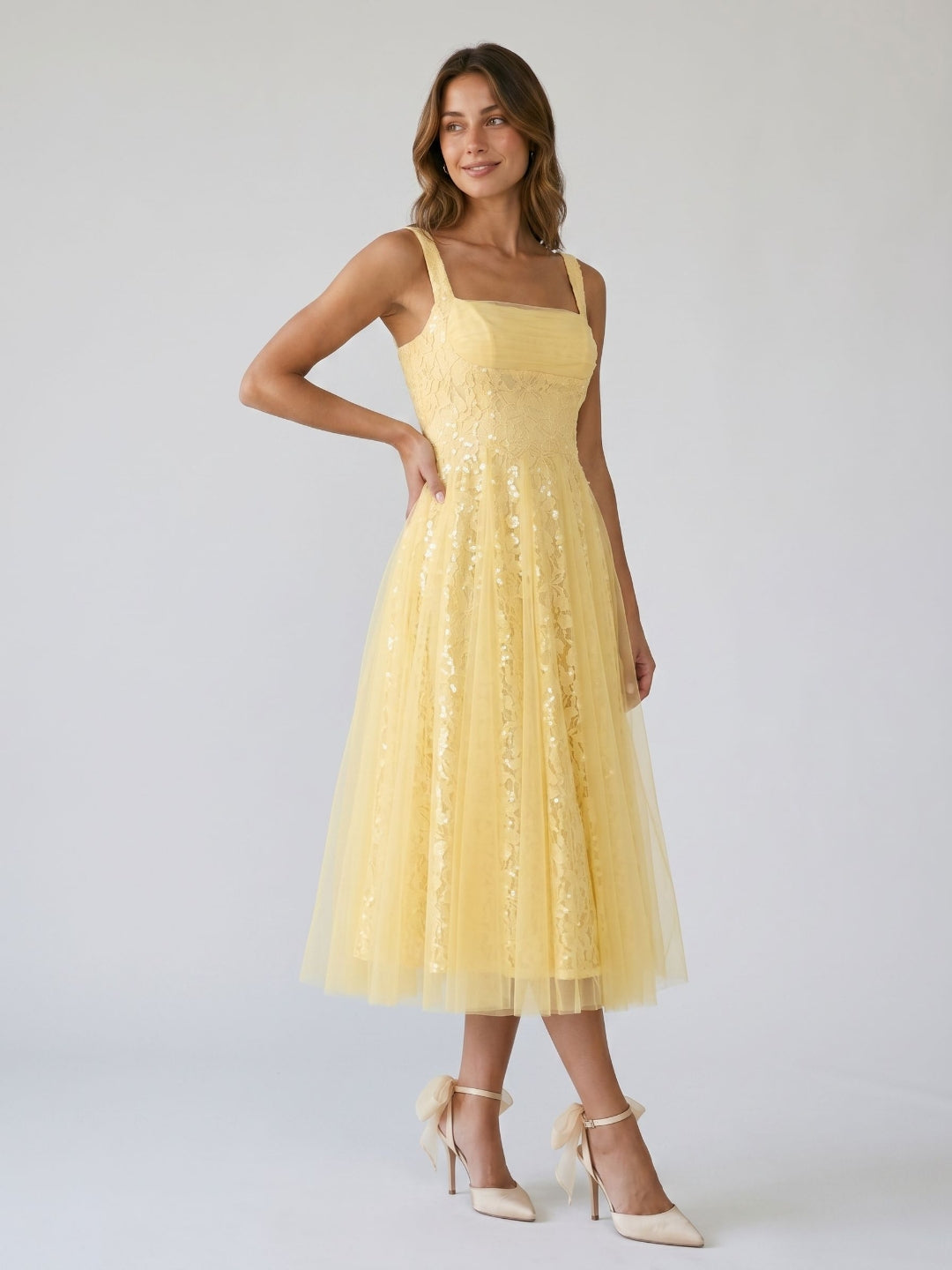 Daffodil Tulle A-Line Square Neck Back Zip Tea-Length Dress with Sequins