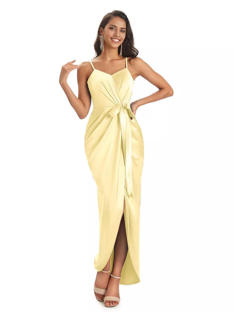 High Low Spaghetti Straps V-neck Mermaid Asymmetrical Soft Satin Bridesmaid Dresses