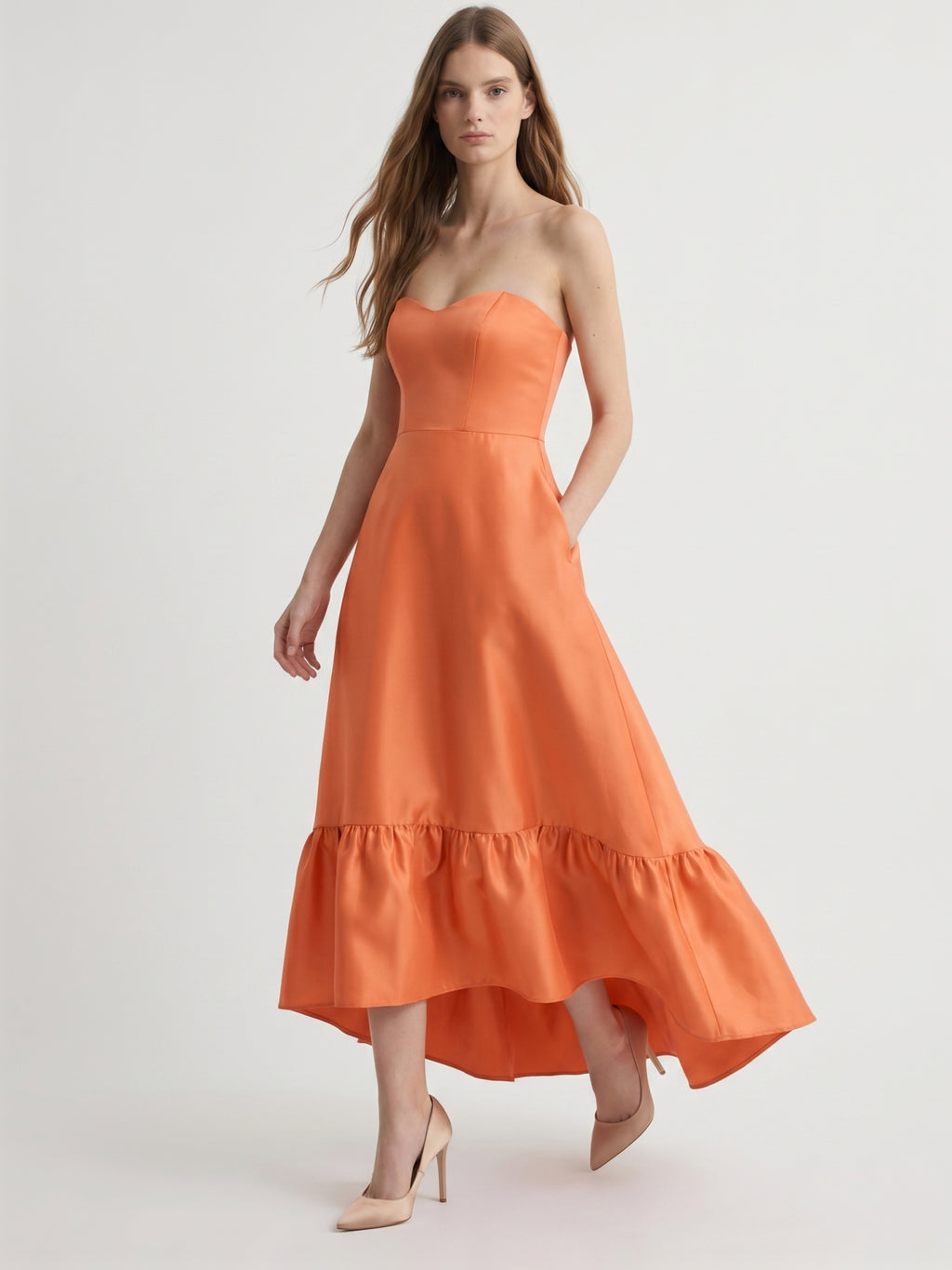 Daring Orange Satin A-Line Sweetheart Backless Asymmetrical Bridesmaid Dress with Ruffle
