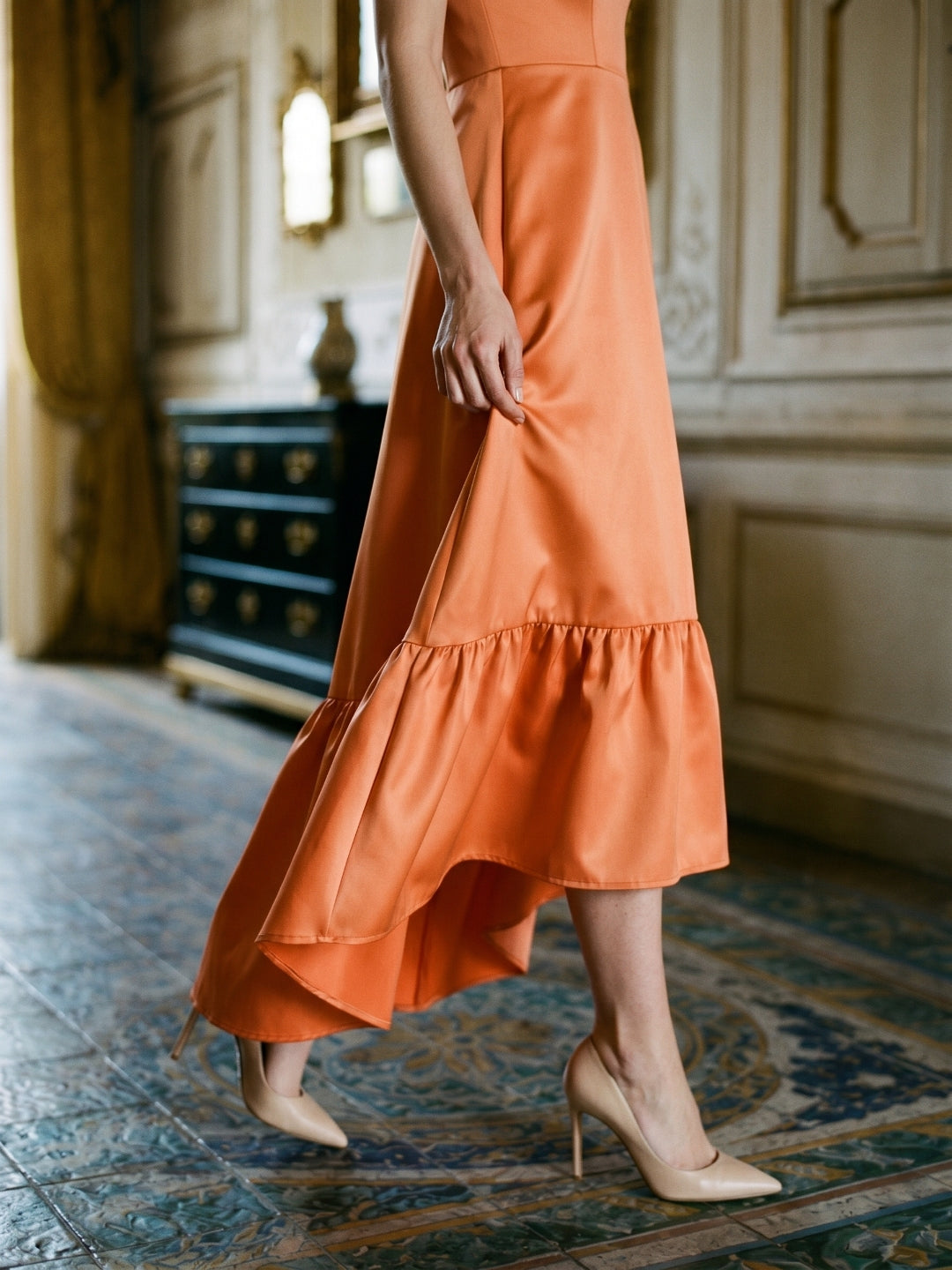 Daring Orange Satin A-Line Sweetheart Backless Asymmetrical Bridesmaid Dress with Ruffle