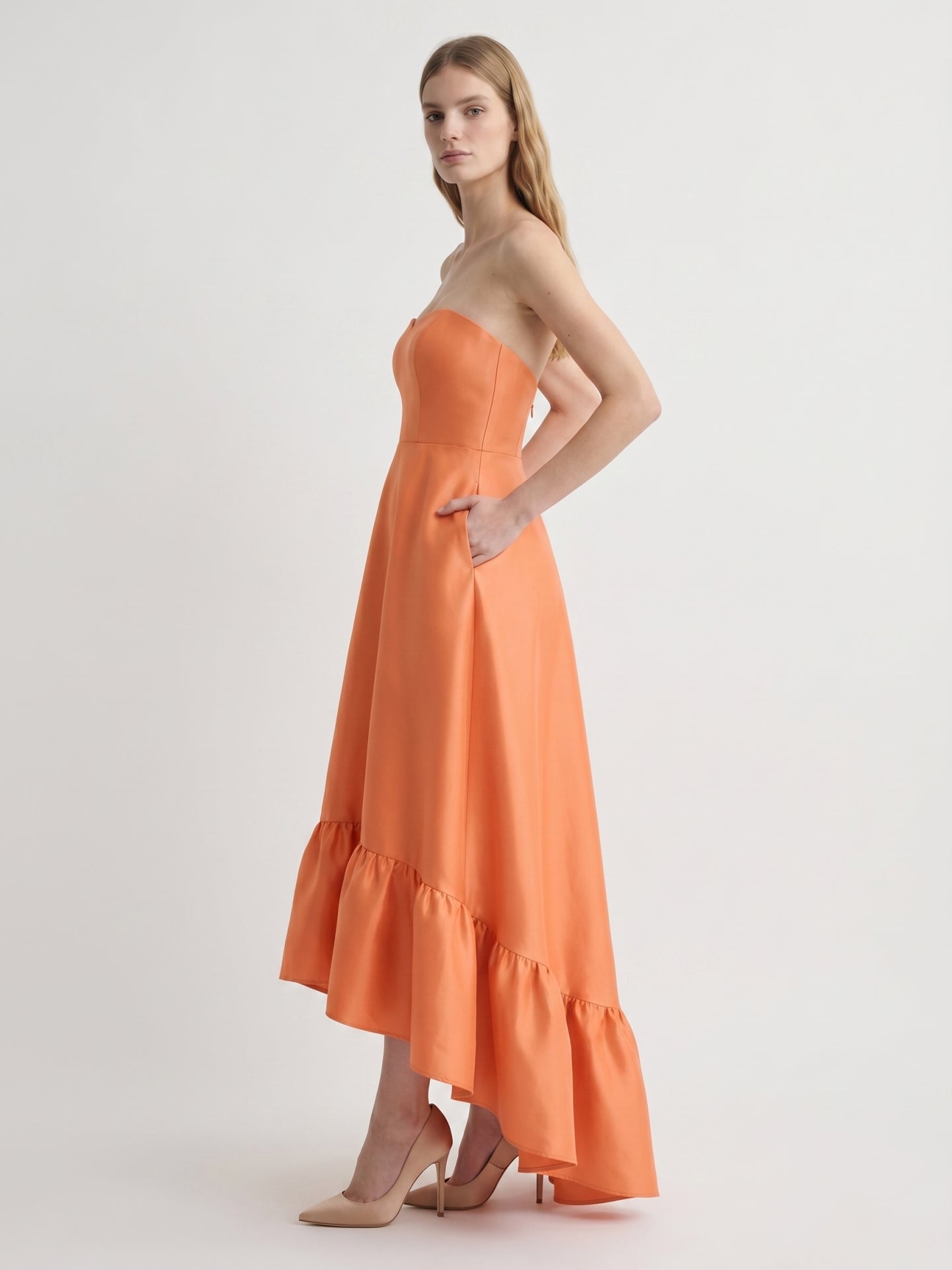 Daring Orange Satin A-Line Sweetheart Backless Asymmetrical Bridesmaid Dress with Ruffle