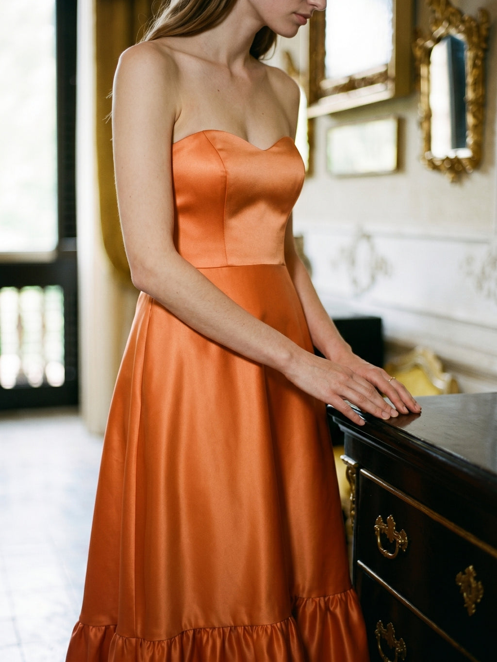 Daring Orange Satin A-Line Sweetheart Backless Asymmetrical Bridesmaid Dress with Ruffle