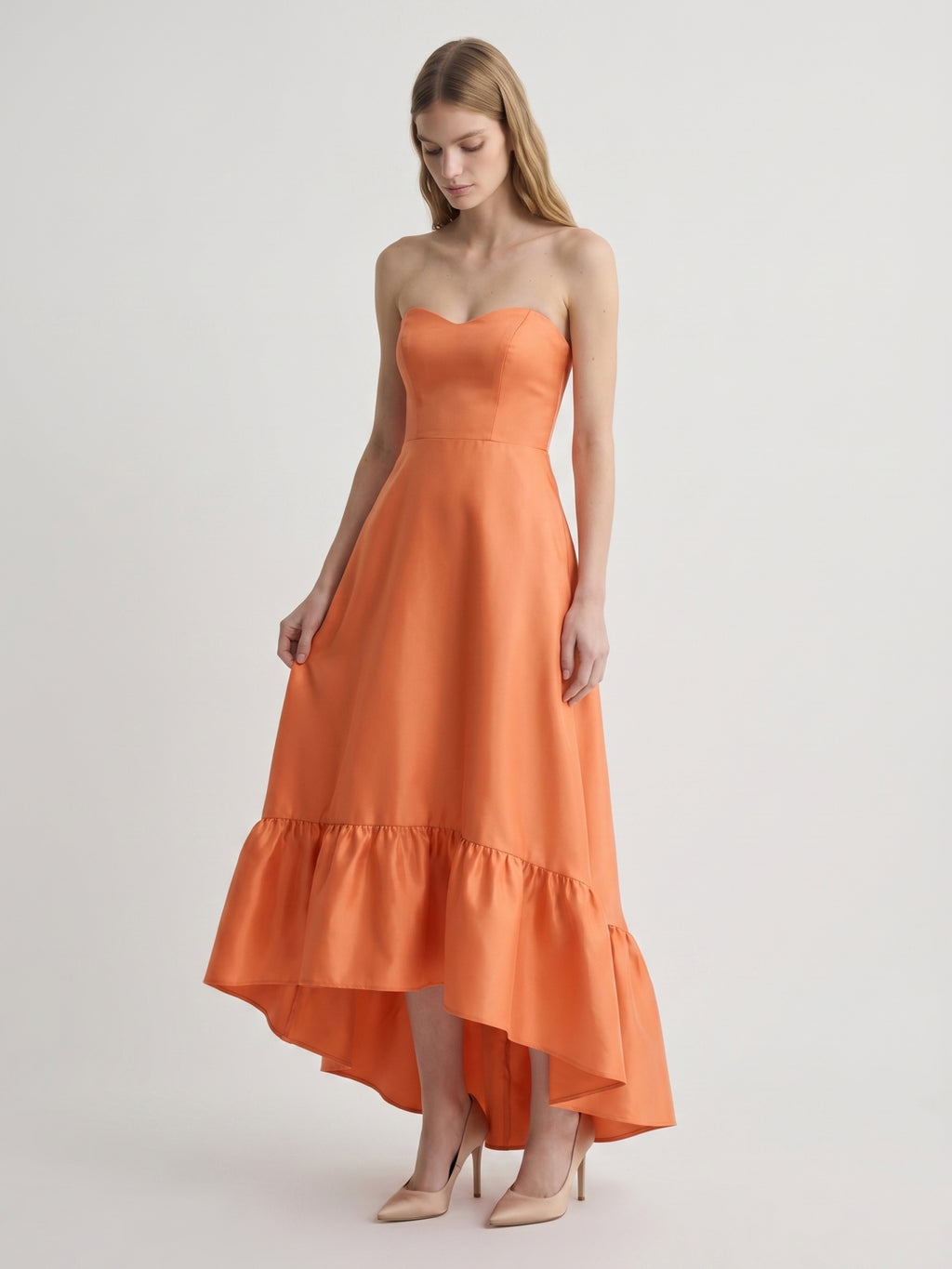 Daring Orange Satin A-Line Sweetheart Backless Asymmetrical Bridesmaid Dress with Ruffle