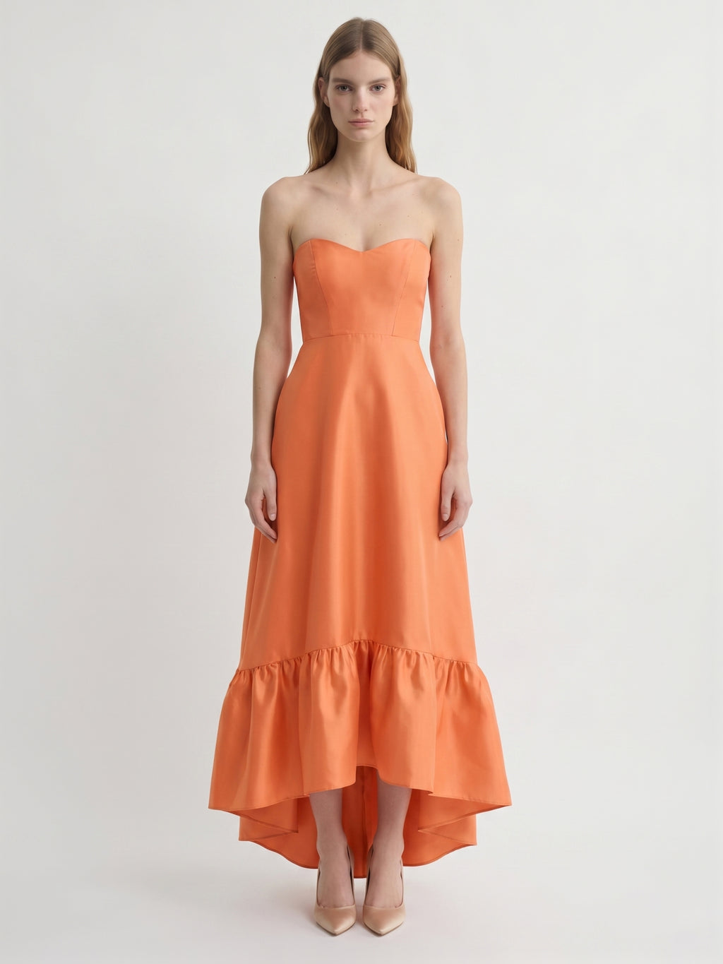 Daring Orange Satin A-Line Sweetheart Backless Asymmetrical Bridesmaid Dress with Ruffle
