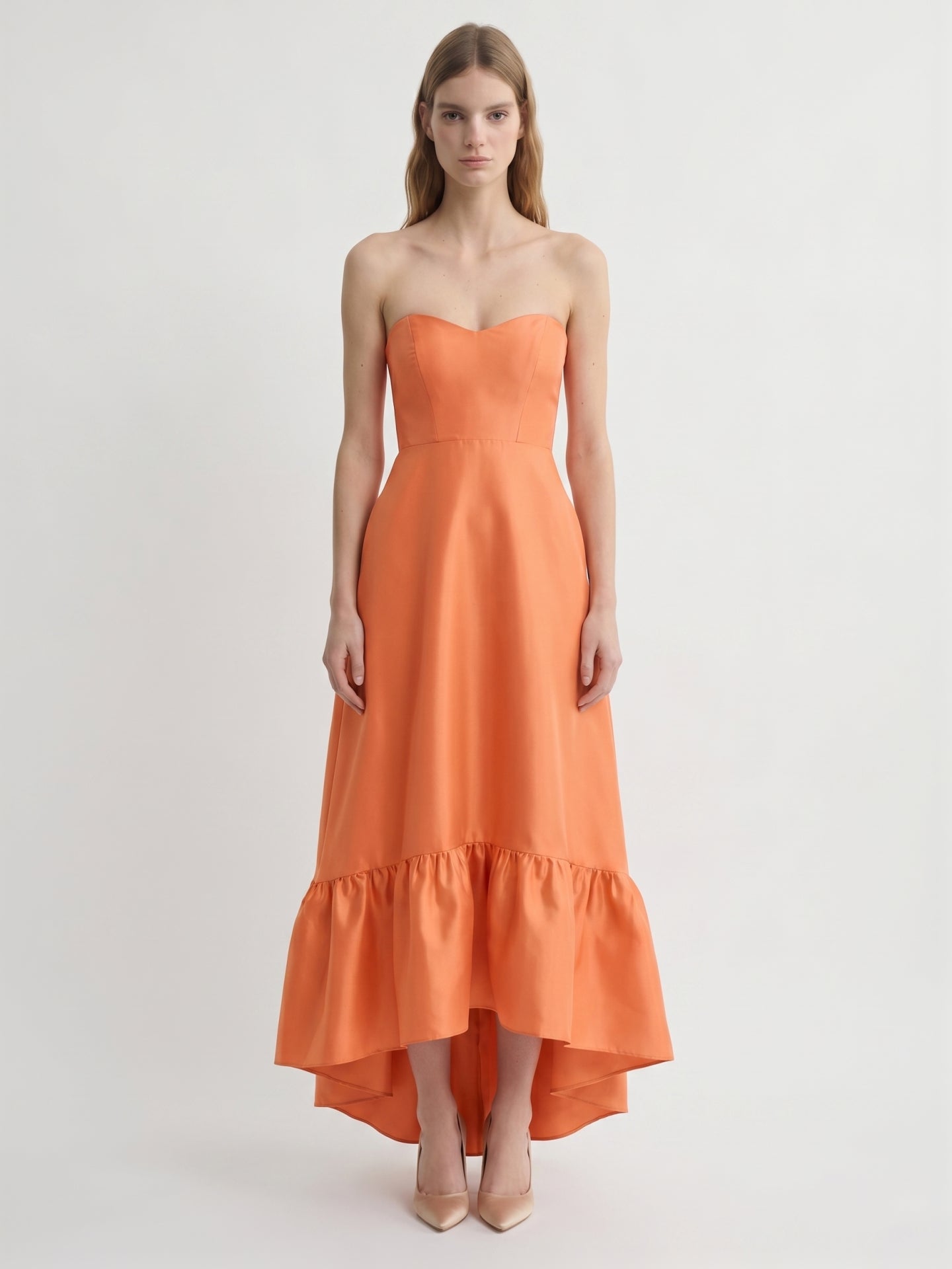 Daring Orange Satin A-Line Sweetheart Backless Asymmetrical Bridesmaid Dress with Ruffle
