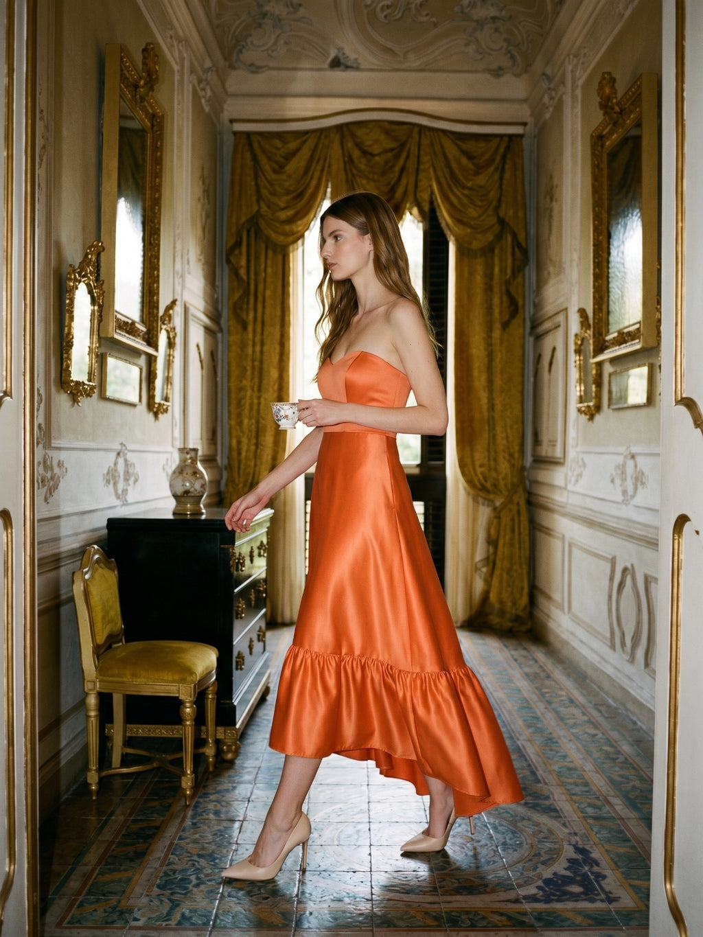 Daring Orange Satin A-Line Sweetheart Backless Asymmetrical Bridesmaid Dress with Ruffle