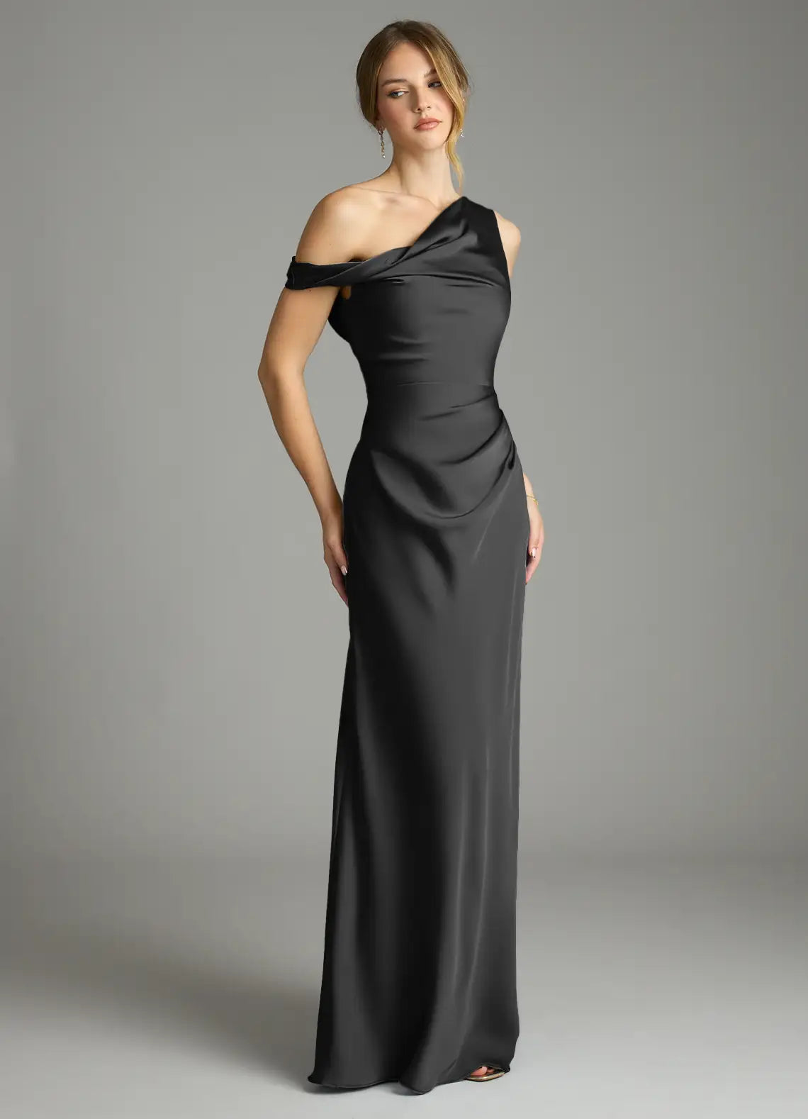 Dark Gray Satin Bridesmaid Dress with One-Shoulder Neckline and Ruched Bodice
