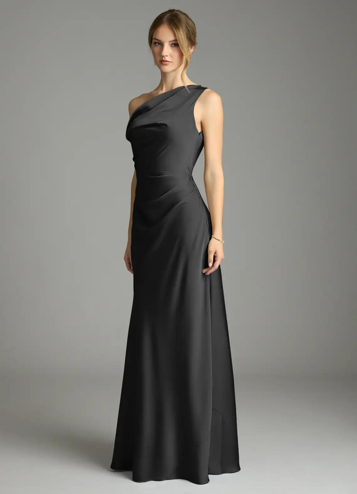 Dark Gray Satin Bridesmaid Dress with One-Shoulder Neckline and Ruched Bodice