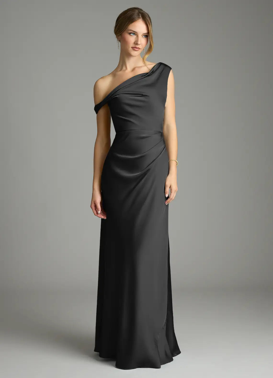 Dark Gray Satin Bridesmaid Dress with One-Shoulder Neckline and Ruched Bodice