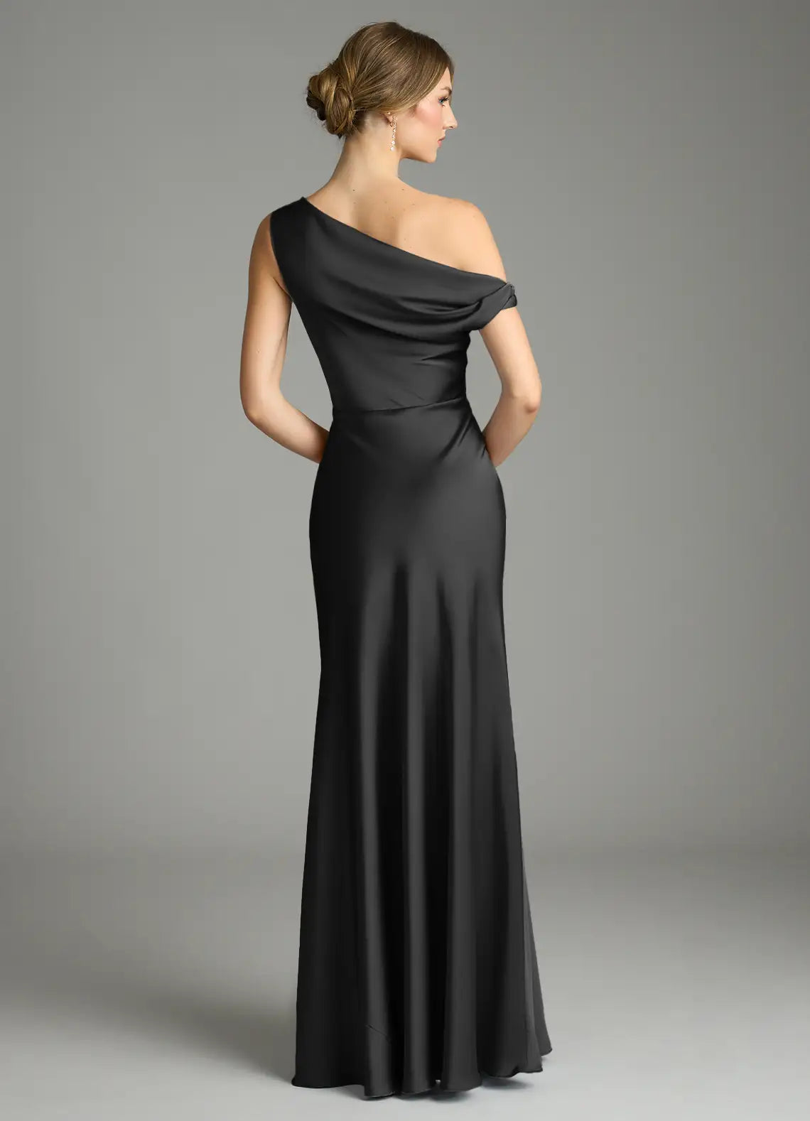 Dark Gray Satin Bridesmaid Dress with One-Shoulder Neckline and Ruched Bodice