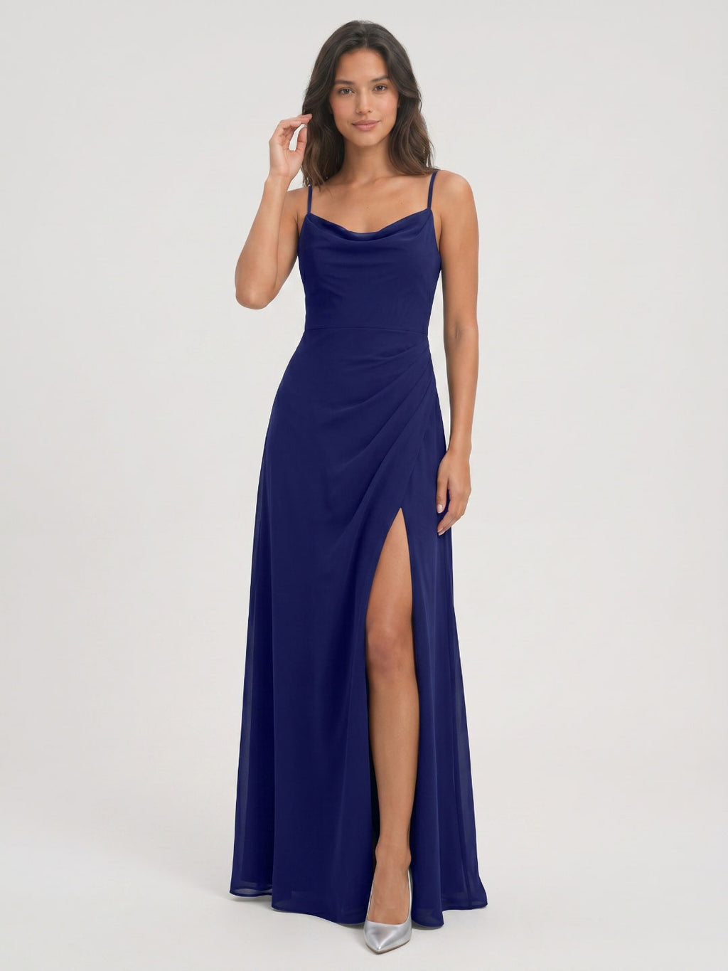 Dark Navy Chiffon A-Line Cowl Neck Back Zip Floor-Length Bridesmaid Dress with Pleating