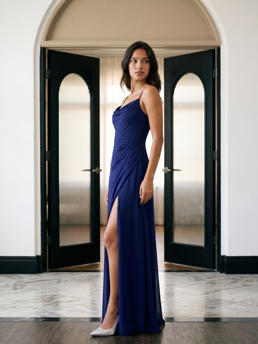 Dark Navy Chiffon A-Line Cowl Neck Back Zip Floor-Length Bridesmaid Dress with Pleating
