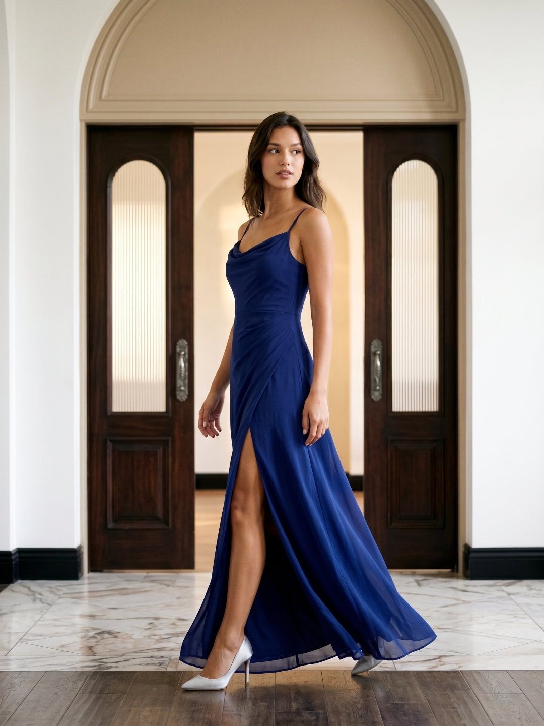 Dark Navy Chiffon A-Line Cowl Neck Back Zip Floor-Length Bridesmaid Dress with Pleating