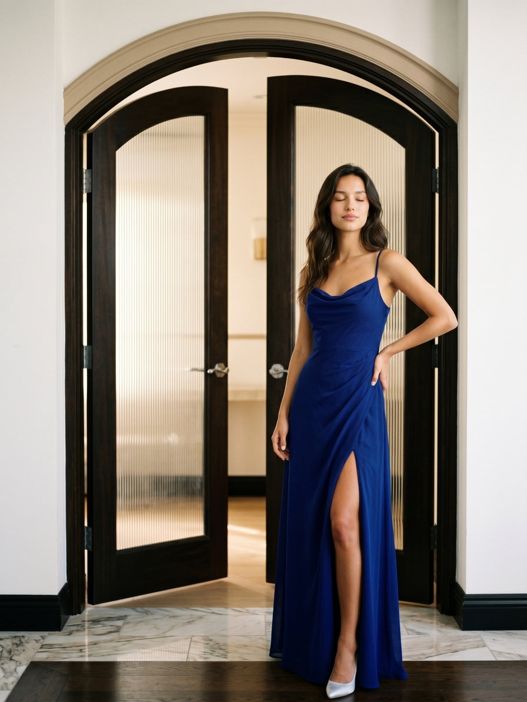 Dark Navy Chiffon A-Line Cowl Neck Back Zip Floor-Length Bridesmaid Dress with Pleating