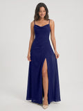 Dark Navy Chiffon A-Line Cowl Neck Back Zip Floor-Length Bridesmaid Dress with Pleating
