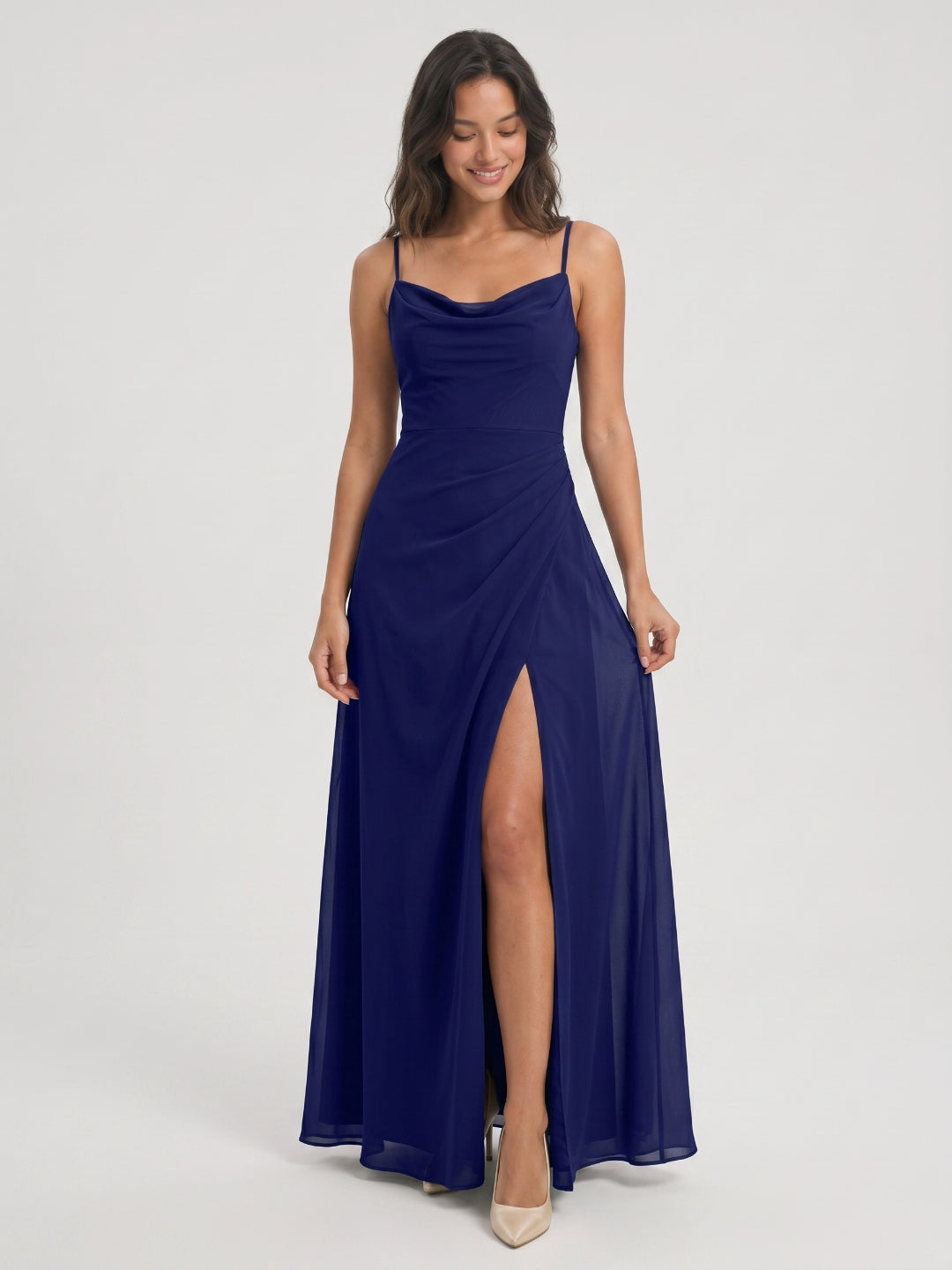 Dark Navy Chiffon A-Line Cowl Neck Back Zip Floor-Length Bridesmaid Dress with Pleating