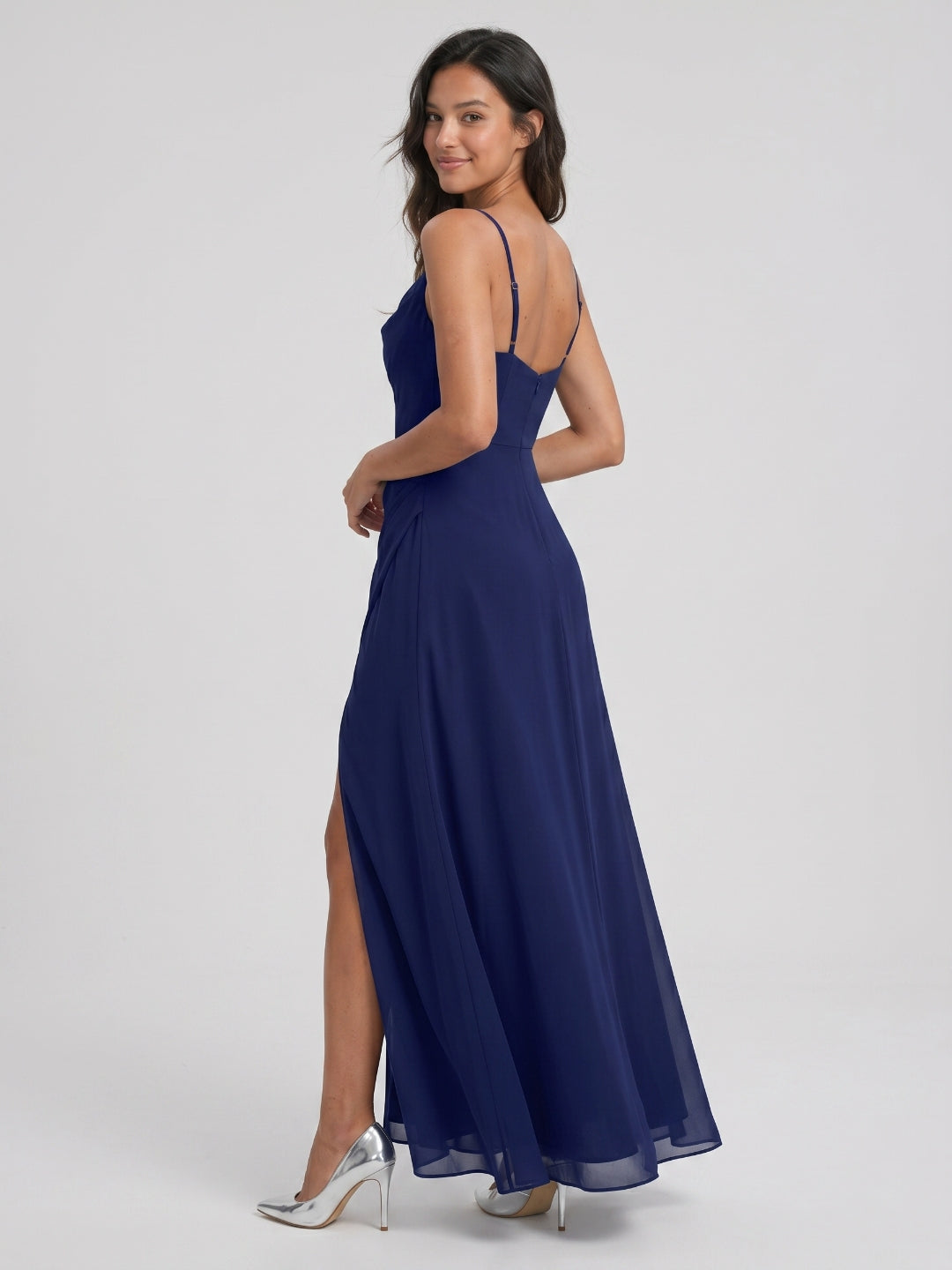 Dark Navy Chiffon A-Line Cowl Neck Back Zip Floor-Length Bridesmaid Dress with Pleating