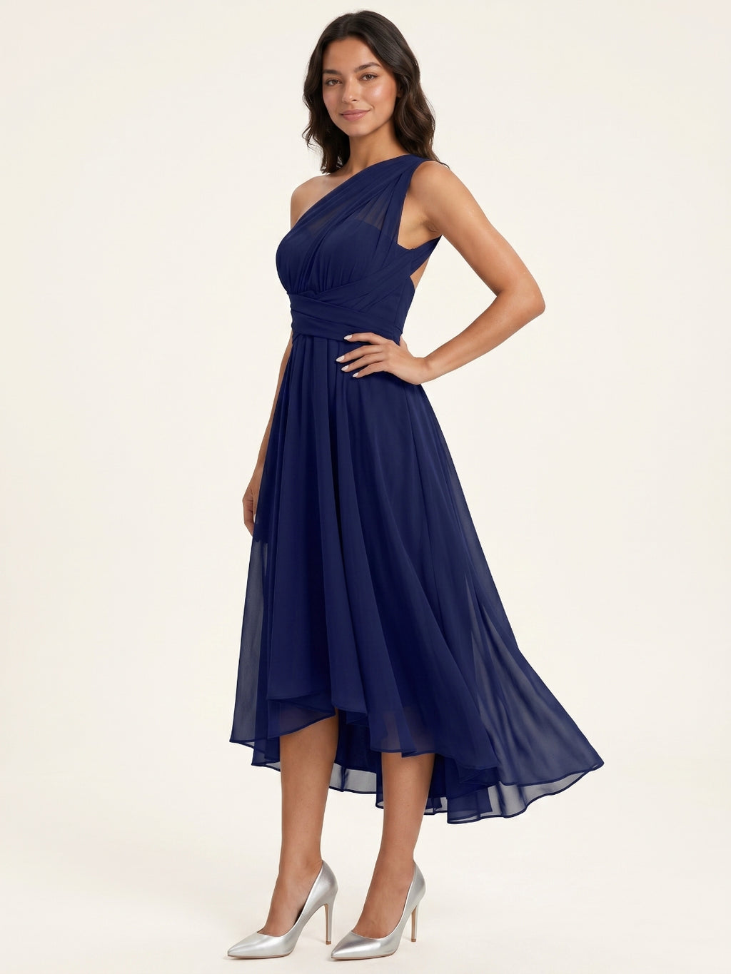 Dark Navy Chiffon A-Line One Shoulder Back Zip Tea-Length Bridesmaid Dress