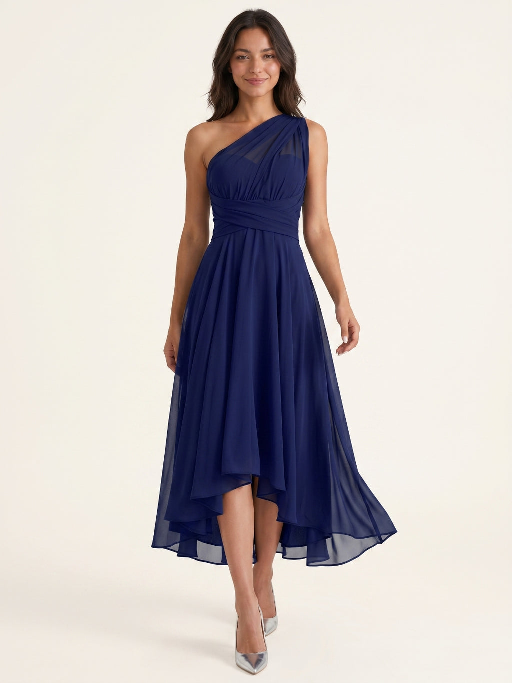 Dark Navy Chiffon A-Line One Shoulder Back Zip Tea-Length Bridesmaid Dress
