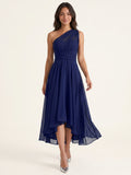 Dark Navy Chiffon A-Line One Shoulder Back Zip Tea-Length Bridesmaid Dress