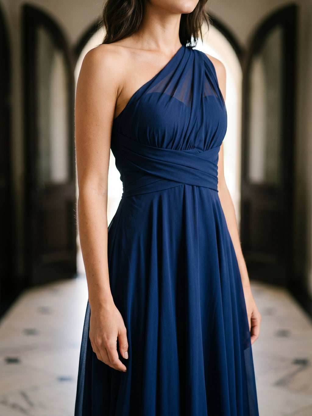 Dark Navy Chiffon A-Line One Shoulder Back Zip Tea-Length Bridesmaid Dress