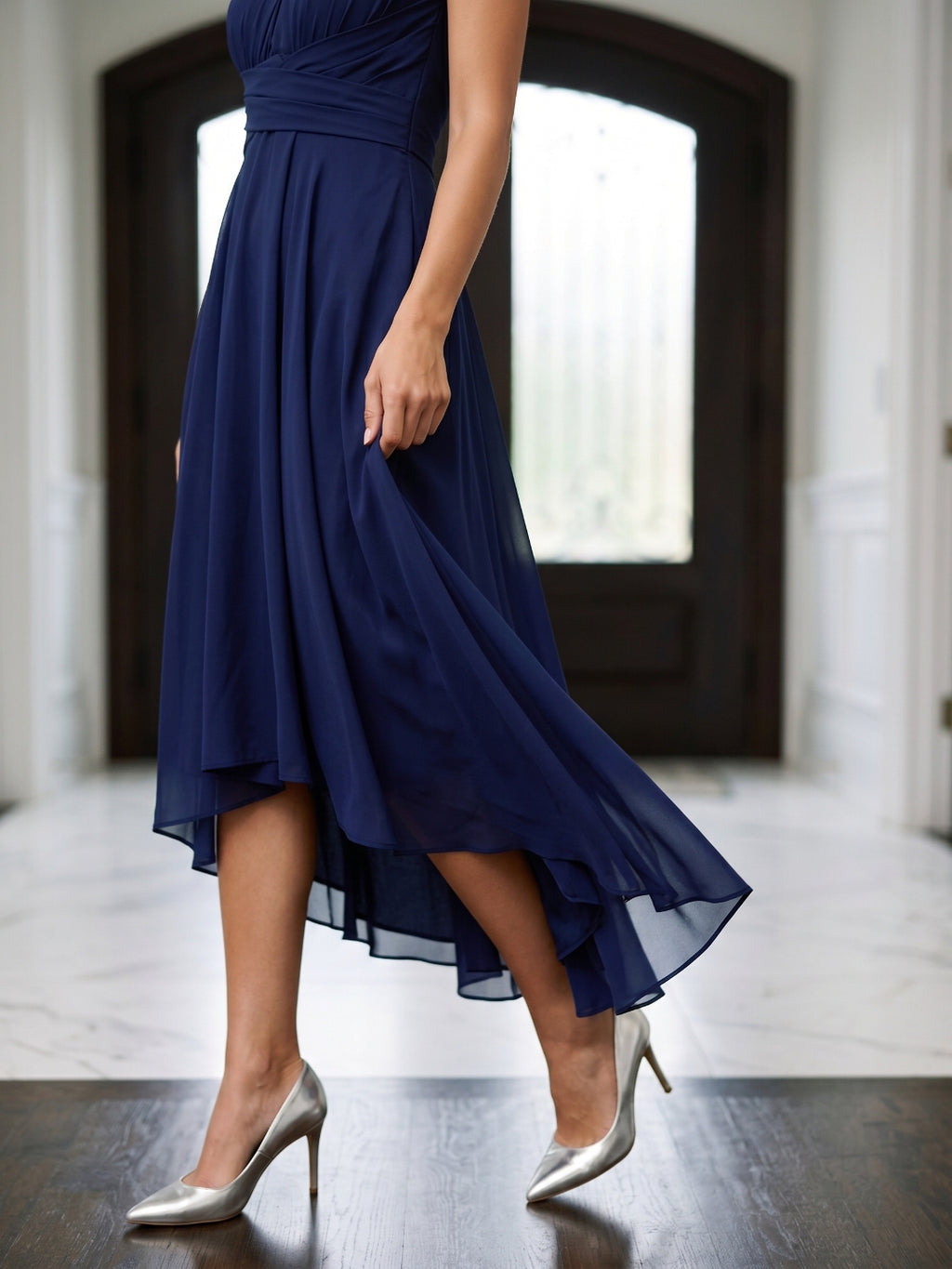 Dark Navy Chiffon A-Line One Shoulder Back Zip Tea-Length Bridesmaid Dress