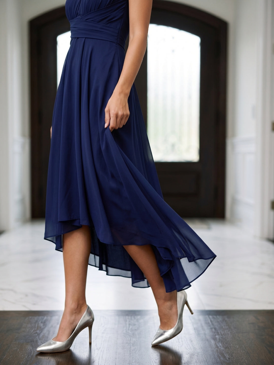 Dark Navy Chiffon A-Line One Shoulder Back Zip Tea-Length Bridesmaid Dress