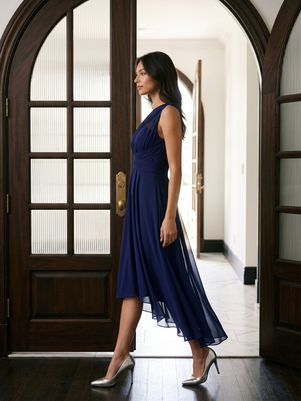 Dark Navy Chiffon A-Line One Shoulder Back Zip Tea-Length Bridesmaid Dress