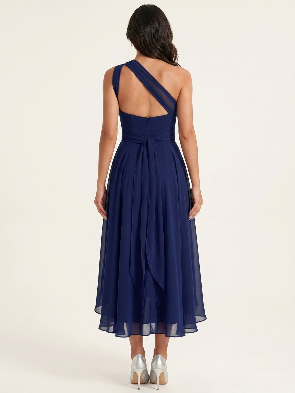 Dark Navy Chiffon A-Line One Shoulder Back Zip Tea-Length Bridesmaid Dress