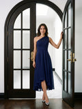 Dark Navy Chiffon A-Line One Shoulder Back Zip Tea-Length Bridesmaid Dress