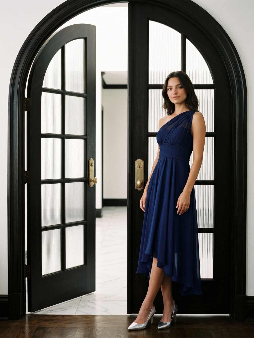 Dark Navy Chiffon A-Line One Shoulder Back Zip Tea-Length Bridesmaid Dress
