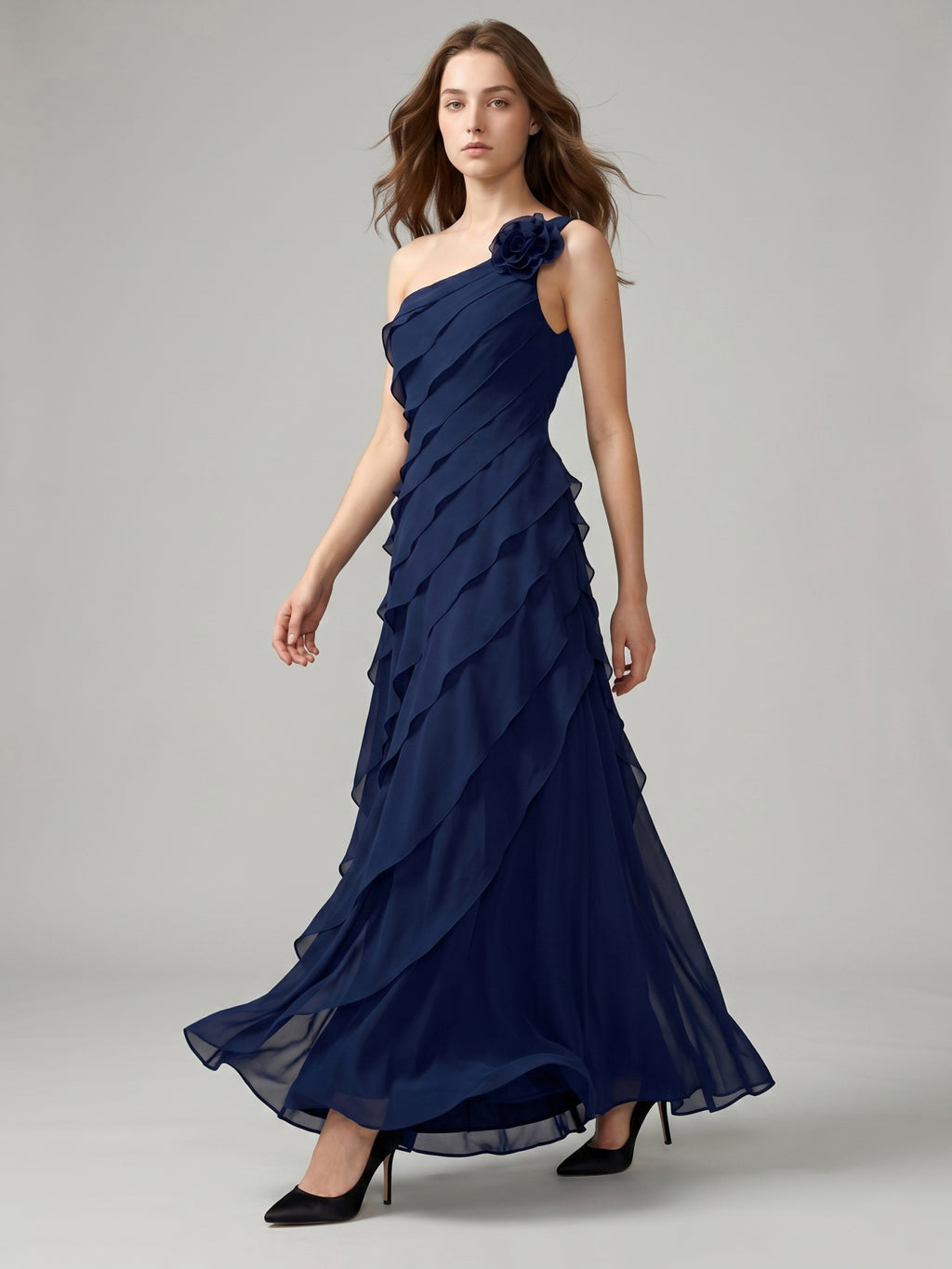 Dark Navy Chiffon A-Line One Shoulder Side Zip Floor-Length Cascading Ruffle Dress