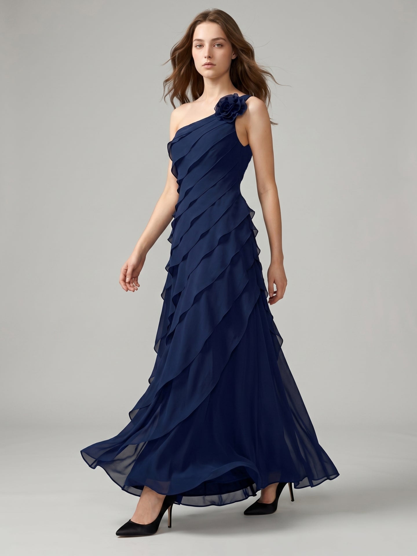 Dark Navy Chiffon A-Line One Shoulder Side Zip Floor-Length Cascading Ruffle Dress