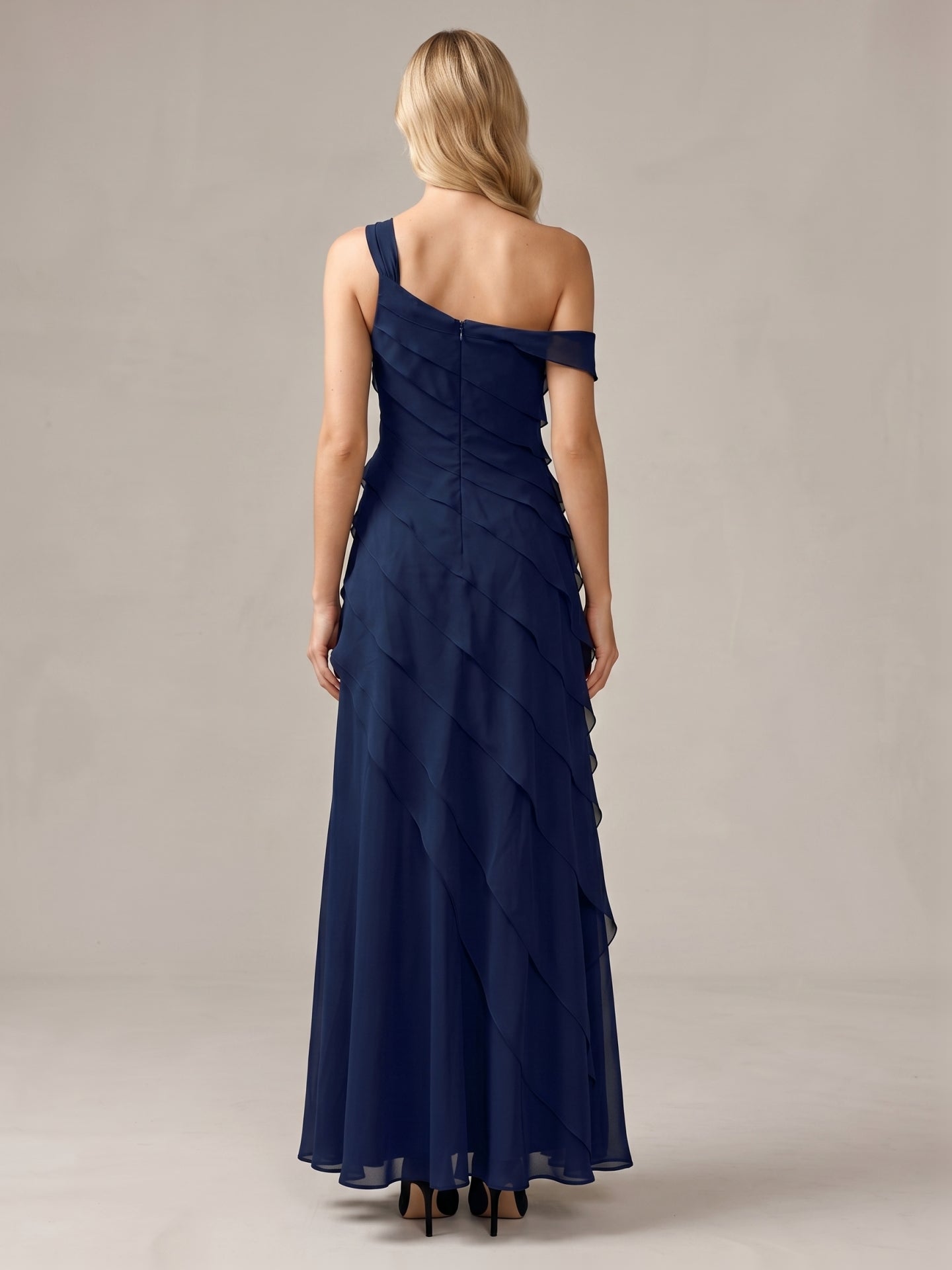 Dark Navy Chiffon A-Line One Shoulder Side Zip Floor-Length Cascading Ruffle Dress