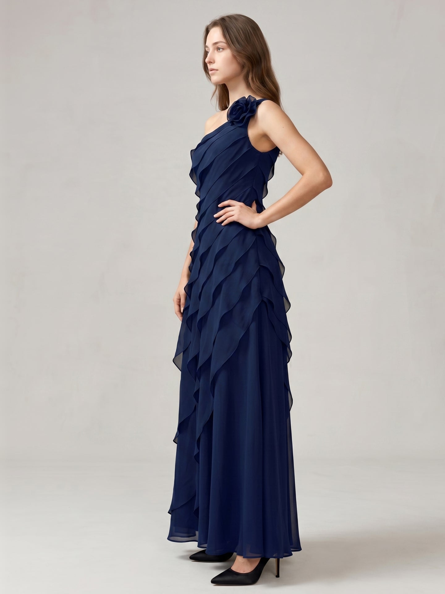 Dark Navy Chiffon A-Line One Shoulder Side Zip Floor-Length Cascading Ruffle Dress