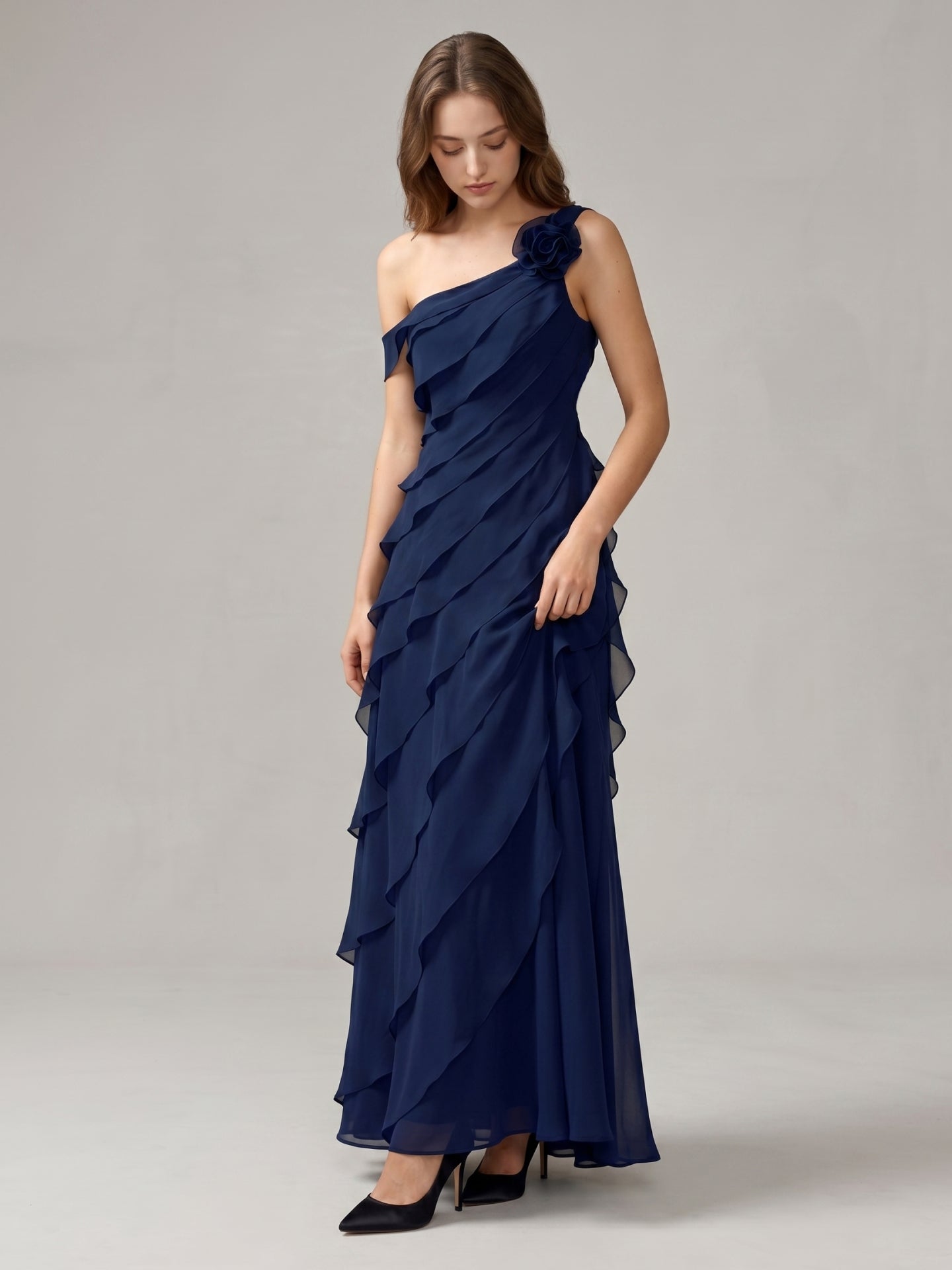 Dark Navy Chiffon A-Line One Shoulder Side Zip Floor-Length Cascading Ruffle Dress