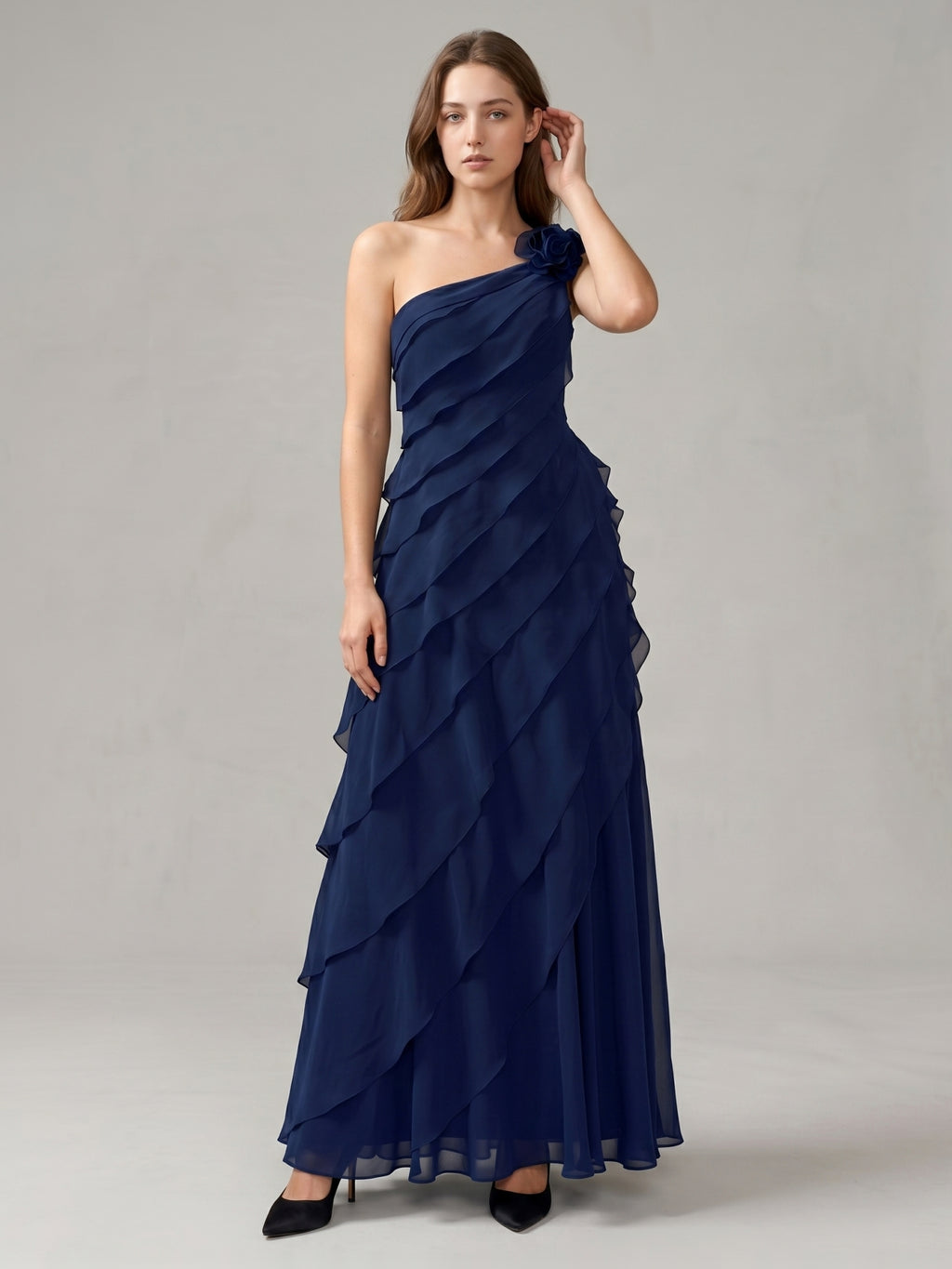 Dark Navy Chiffon A-Line One Shoulder Side Zip Floor-Length Cascading Ruffle Dress