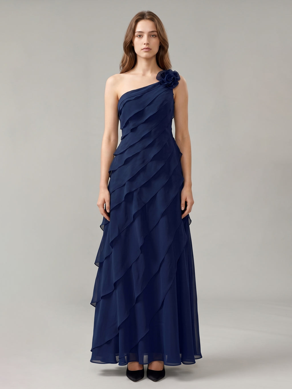 Dark Navy Chiffon A-Line One Shoulder Side Zip Floor-Length Cascading Ruffle Dress