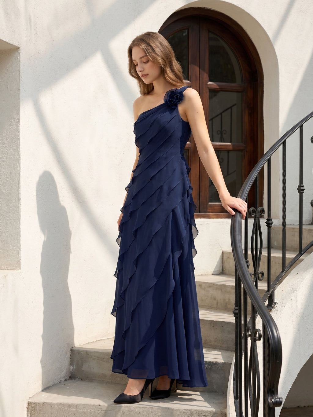 Dark Navy Chiffon A-Line One Shoulder Side Zip Floor-Length Cascading Ruffle Dress