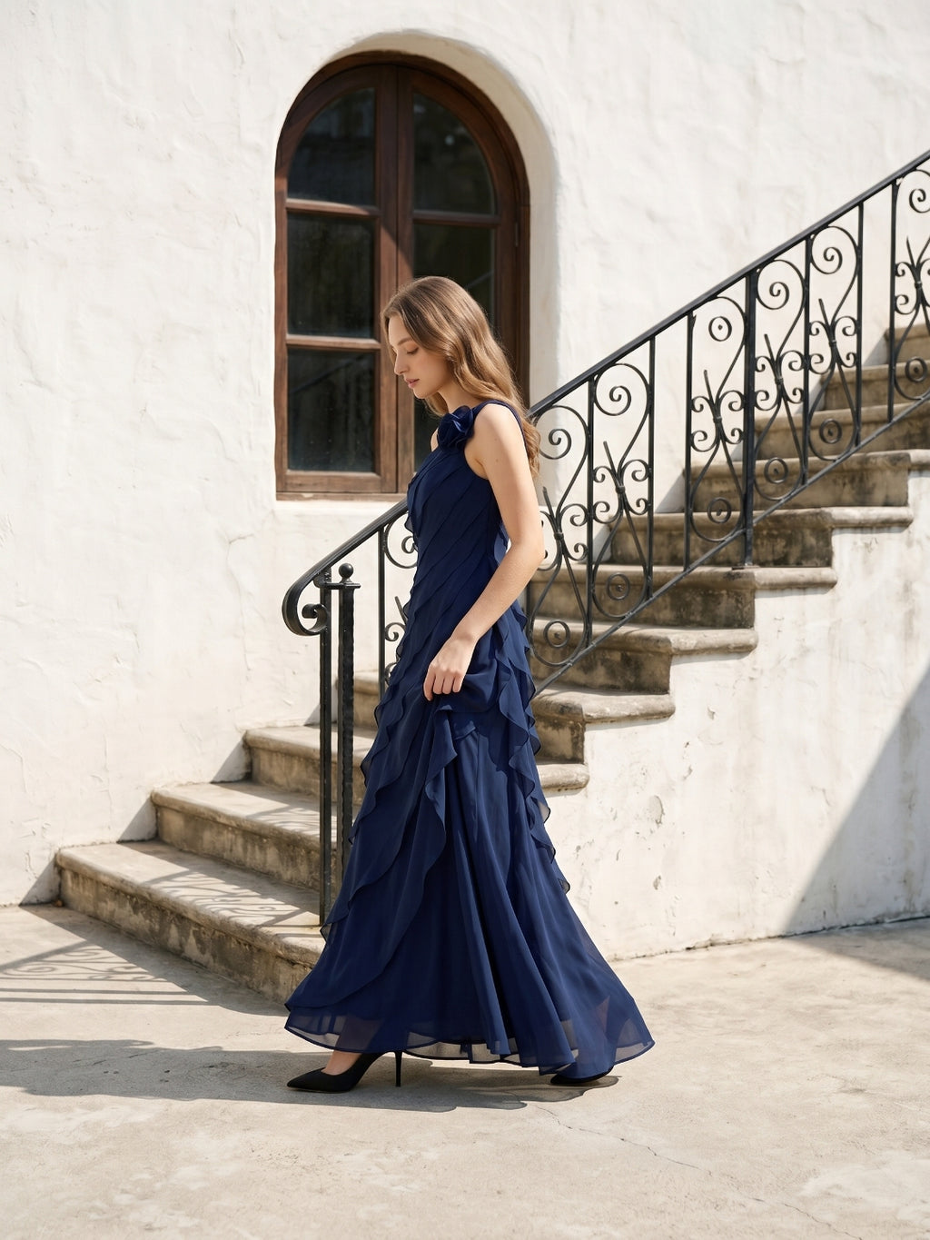 Dark Navy Chiffon A-Line One Shoulder Side Zip Floor-Length Cascading Ruffle Dress