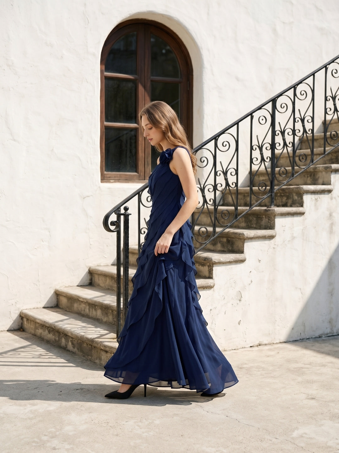Dark Navy Chiffon A-Line One Shoulder Side Zip Floor-Length Cascading Ruffle Dress