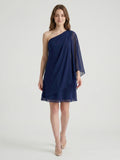 Dark Navy Chiffon A-Line One Shoulder Side Zip Knee-Length Ruffle Bridesmaid Dress