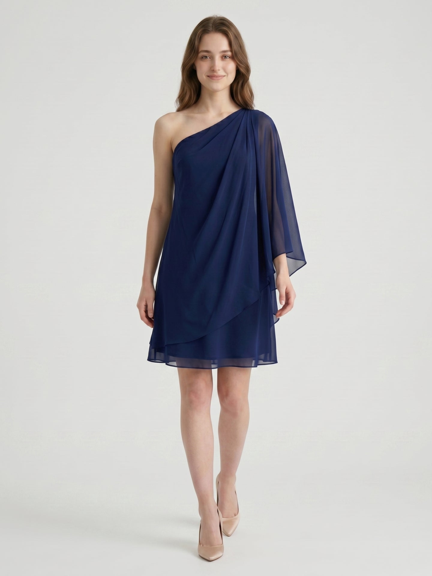 Dark Navy Chiffon A-Line One Shoulder Side Zip Knee-Length Ruffle Bridesmaid Dress