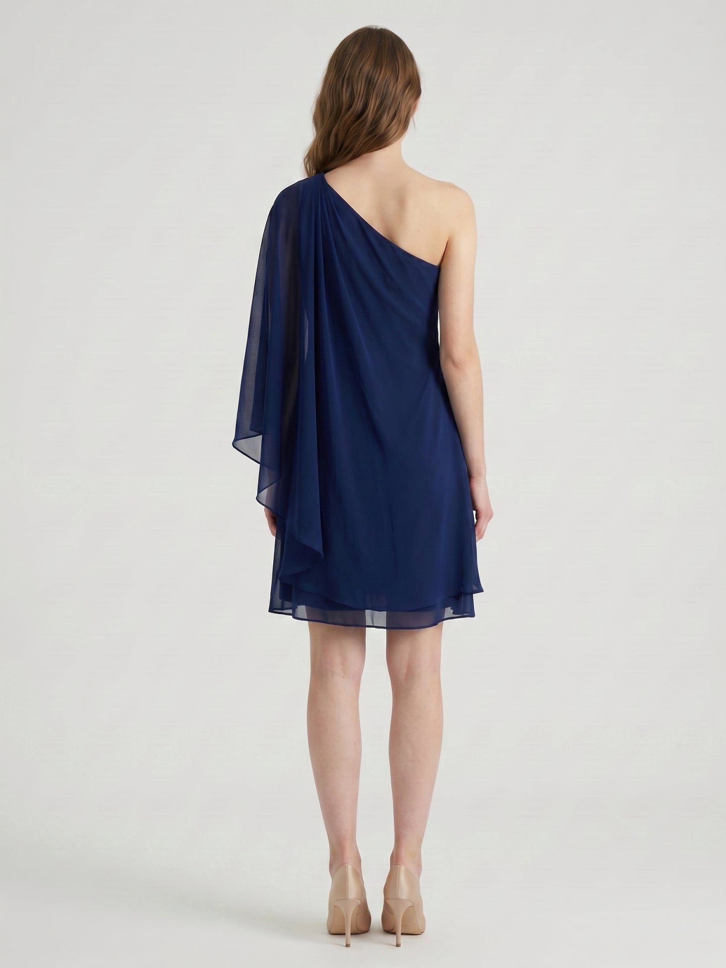 Dark Navy Chiffon A-Line One Shoulder Side Zip Knee-Length Ruffle Bridesmaid Dress