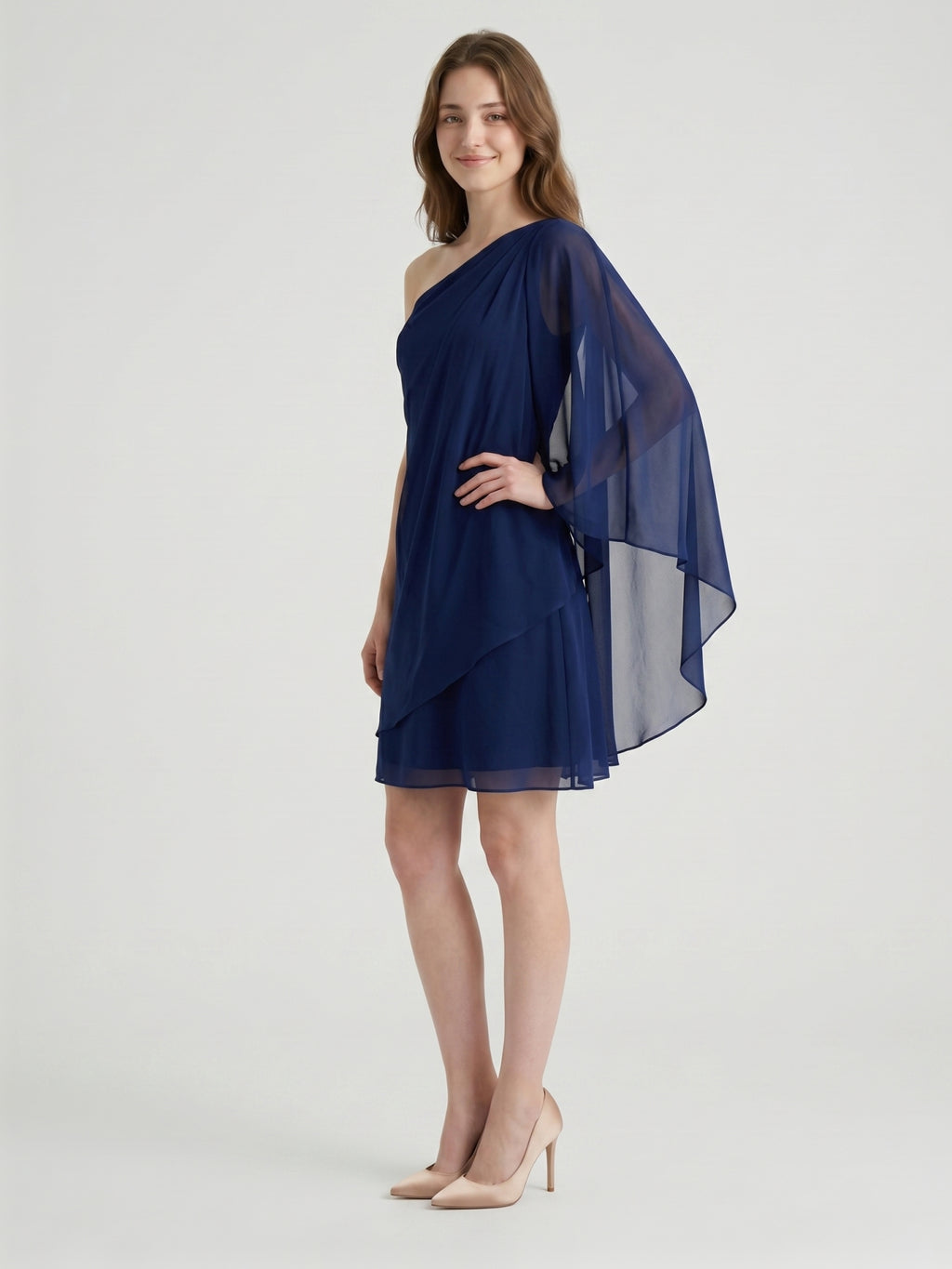 Dark Navy Chiffon A-Line One Shoulder Side Zip Knee-Length Ruffle Bridesmaid Dress